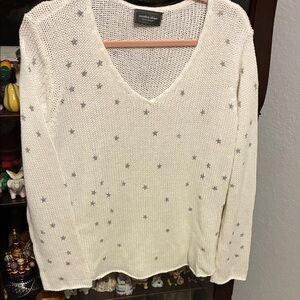 Wooden Ships Cream V-Neck Sweater with Silver Star Knit